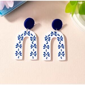 Mykonos Goddess U-shaped Porcelain Blue and White Ceramic Style Earrings